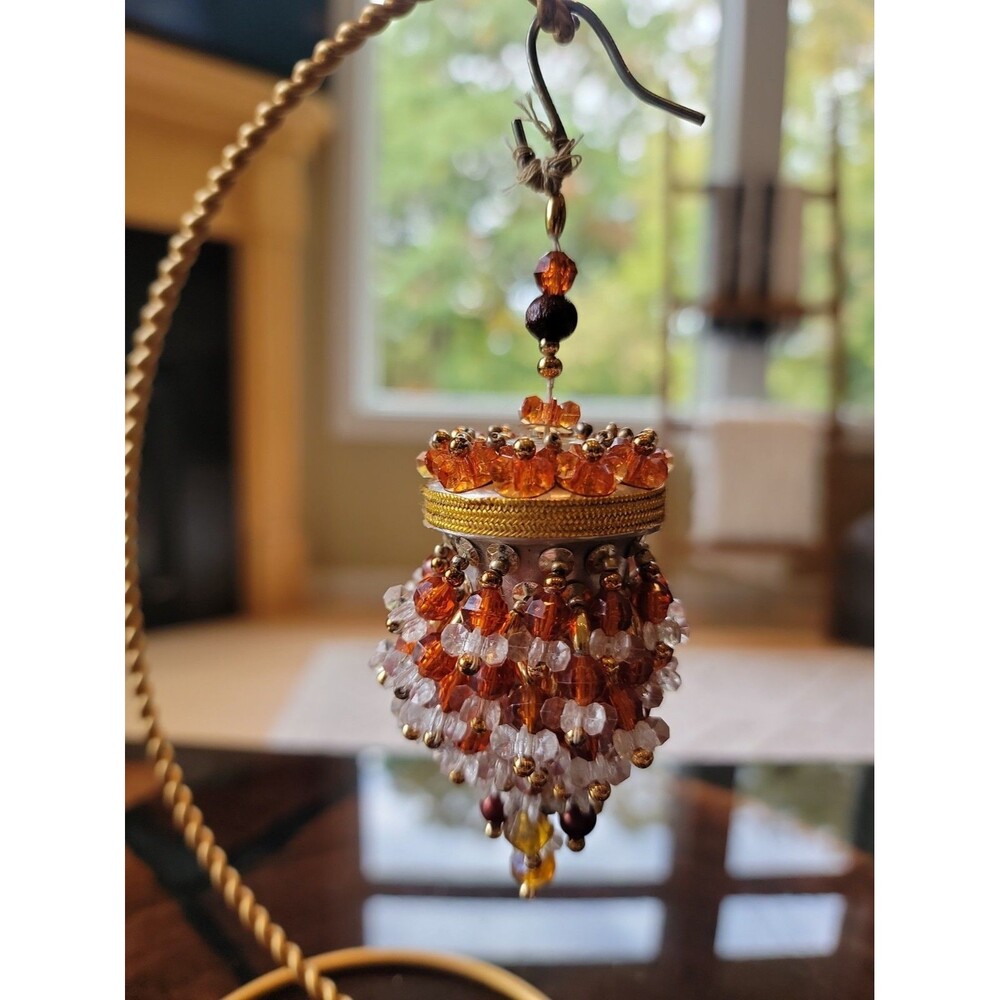 Vintage Handmade Tea Ball Chandelier Ornament Orange Gold Clear 5"